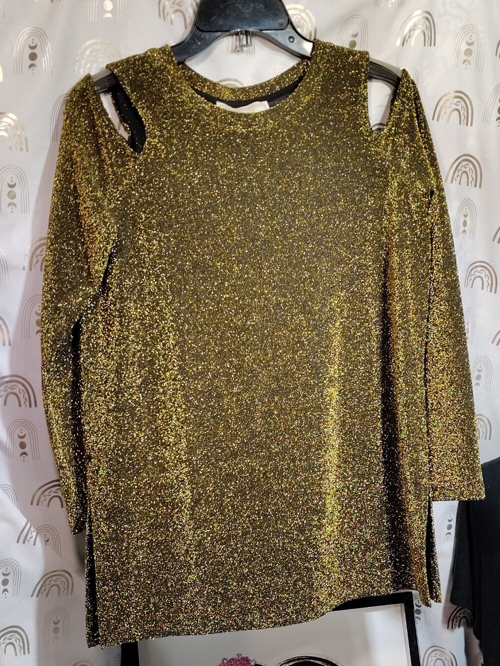 Michael Kors Gold Metallic Cold-Shoulder Glitter Top